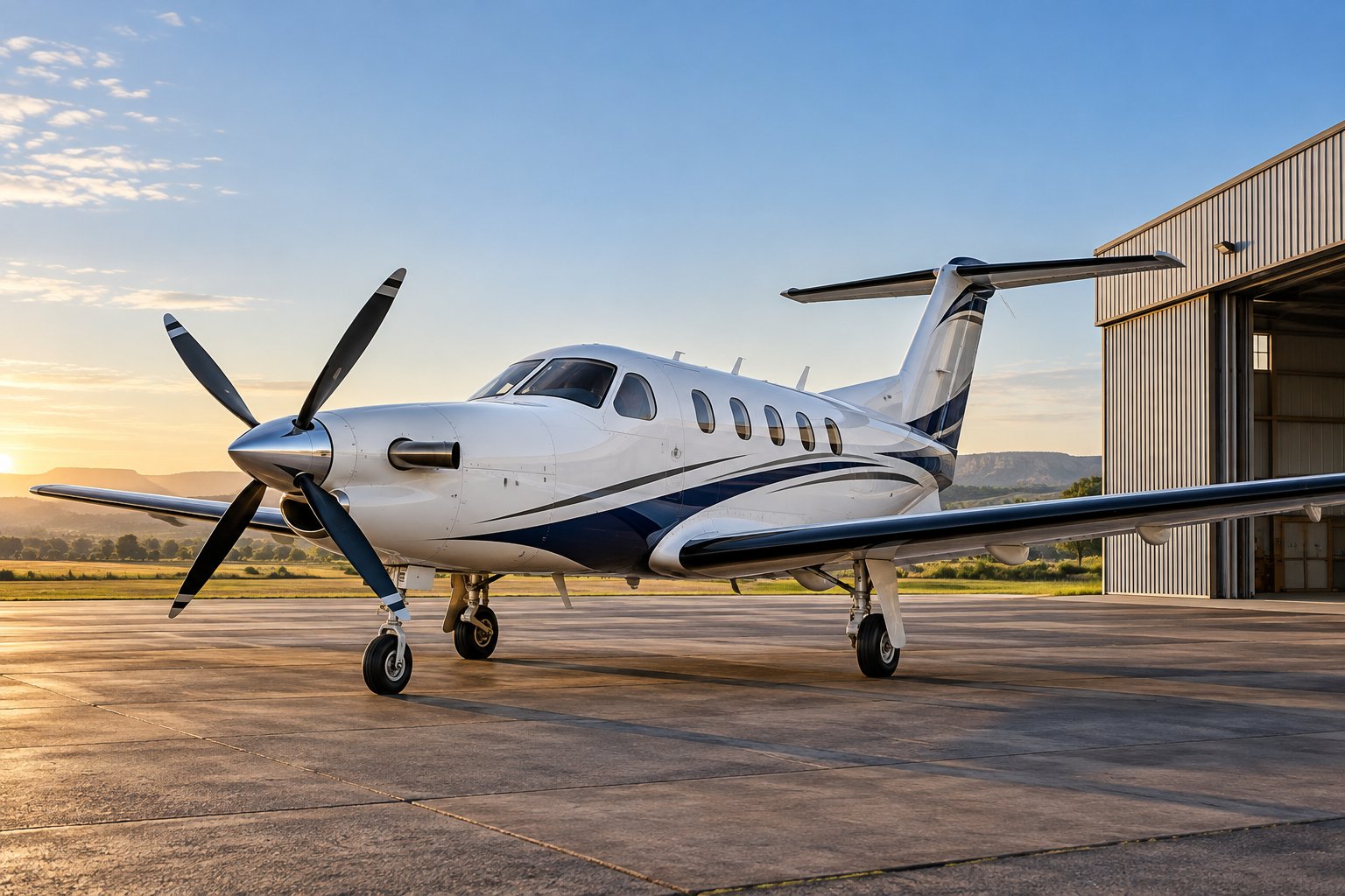 Avião turbo-hélice estacionado próximo a um hangar ao amanhecer